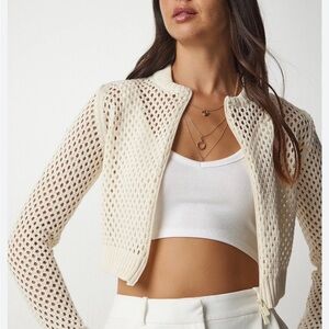 Forever 21 Cream Open-Knit Cropped Cardigan